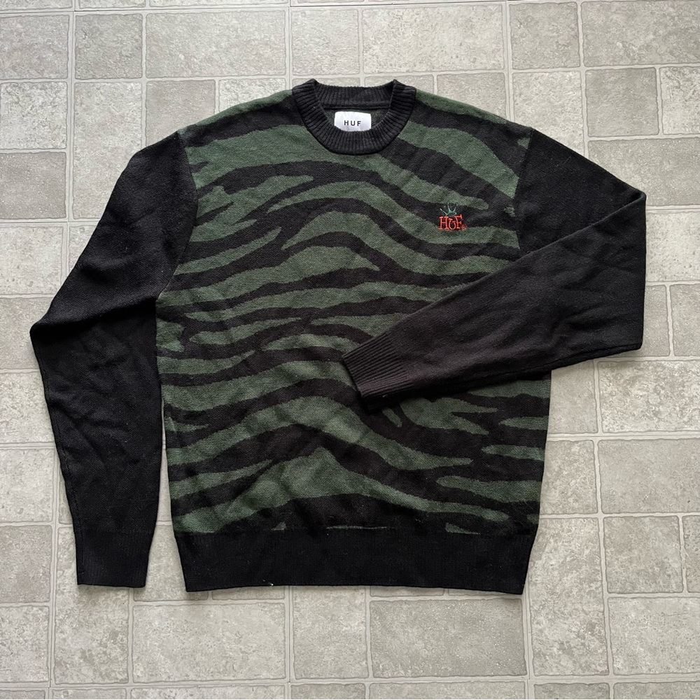 HUF black and green tiger print knit sweater men’s small